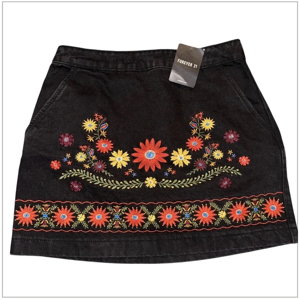 Forever 21 Black Skirt with Colorful Floral Design - Picture 2 of 6